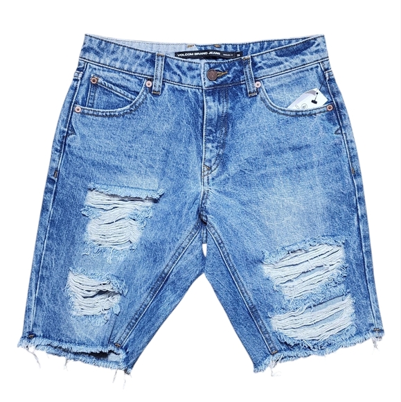 Volcom Brand Jeans Womens Bermuda Blue Distressed Denim Shorts NWT